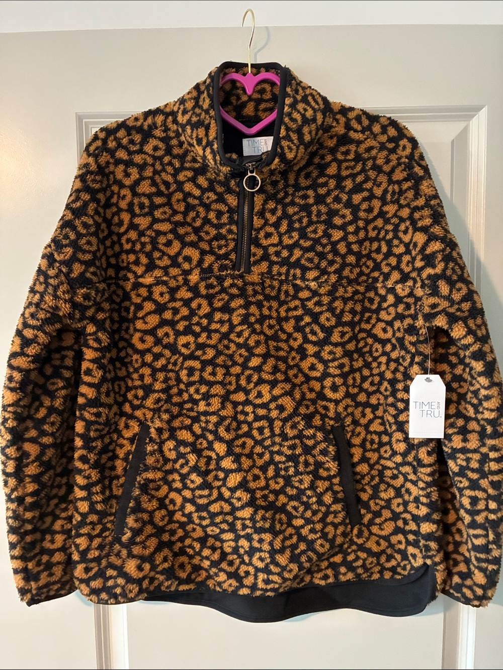 Time and Tru Women’s Leopard Print Sherpa Pullover - Brown & Black